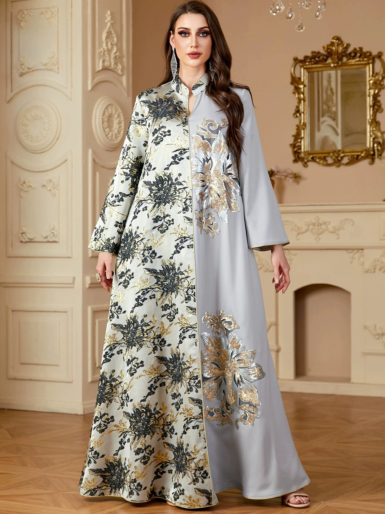 Ramadan Morocco Muslim Fashion Saudi Arabia Dubai Women's Jacquard Robe Contrast Splicing Long Dress V-neck Islamic Dress