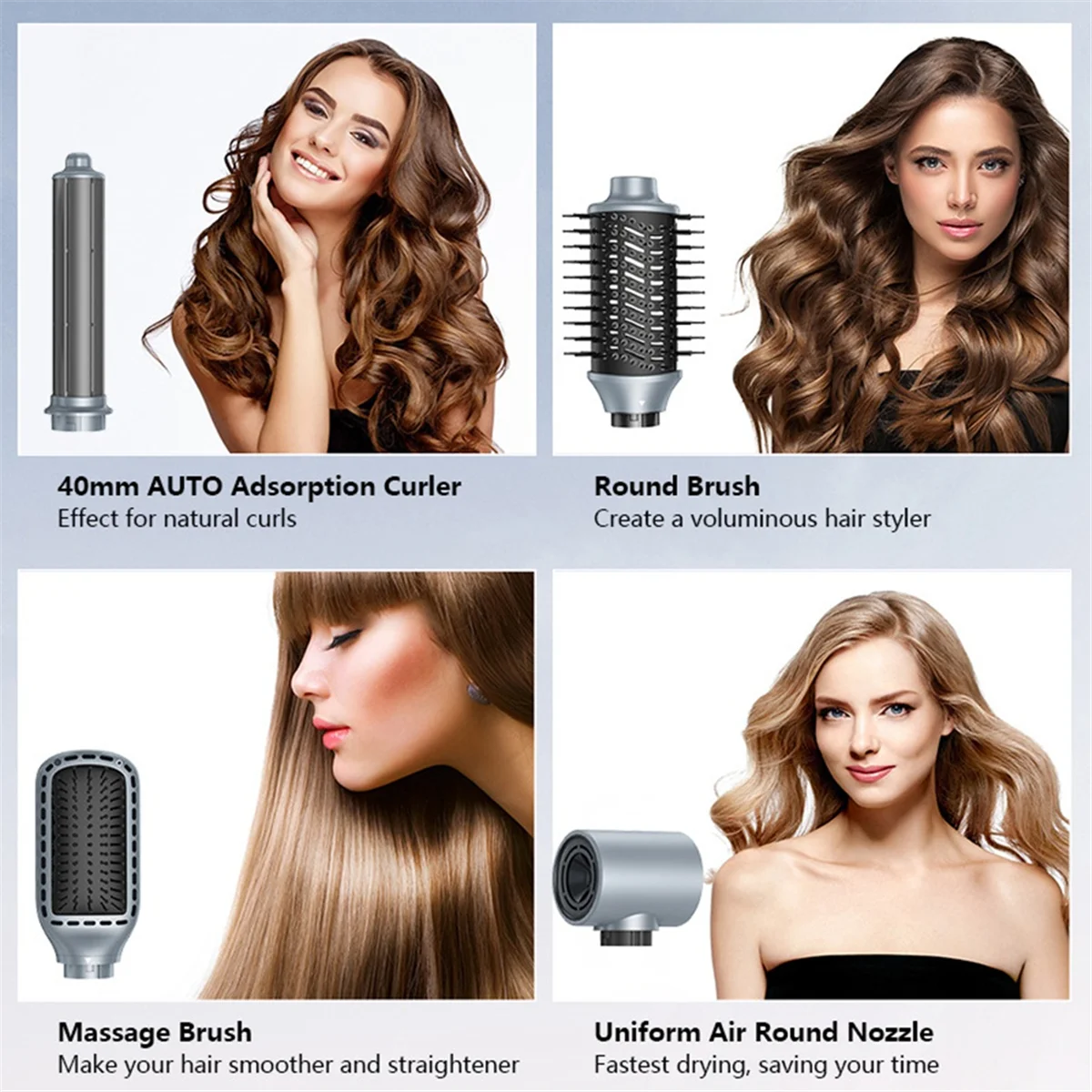 BFYLE 5-in-1 Negativ-Ionen-Haartrockner, Haartrockner, Bürste, automatischer Lockenstab, dunkelblau, EU-Stecker