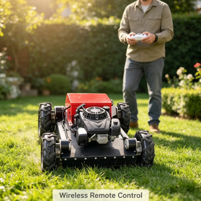 Remote Control Lawn Mower With Engine And Four Wheel Drive For Slope And Orchard Grass Cutting