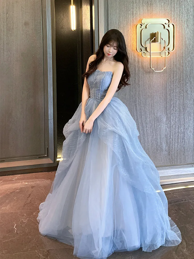 

Ele Blue Evening Gown Women's Princ Sle High Waist Ball Gown for Art Exam Student Day Adult Ceremony Escaped Princes...