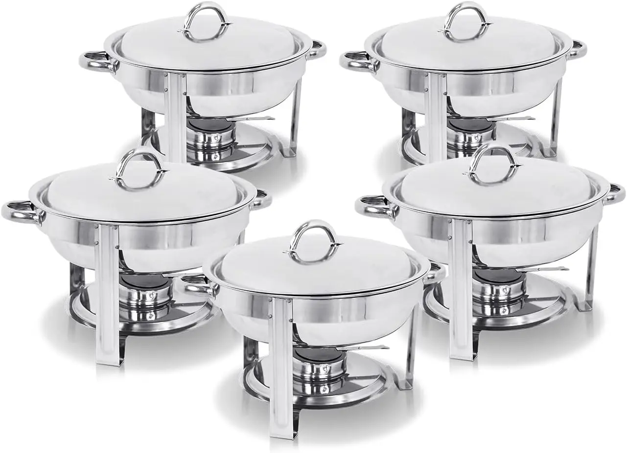 

SUPER DEAL Pack of 5 Deluxe Full Size Round Durable Frame 5 Qt. Stainless Steel Chafing Dish, Dinner Serving Buffer Warmer Set