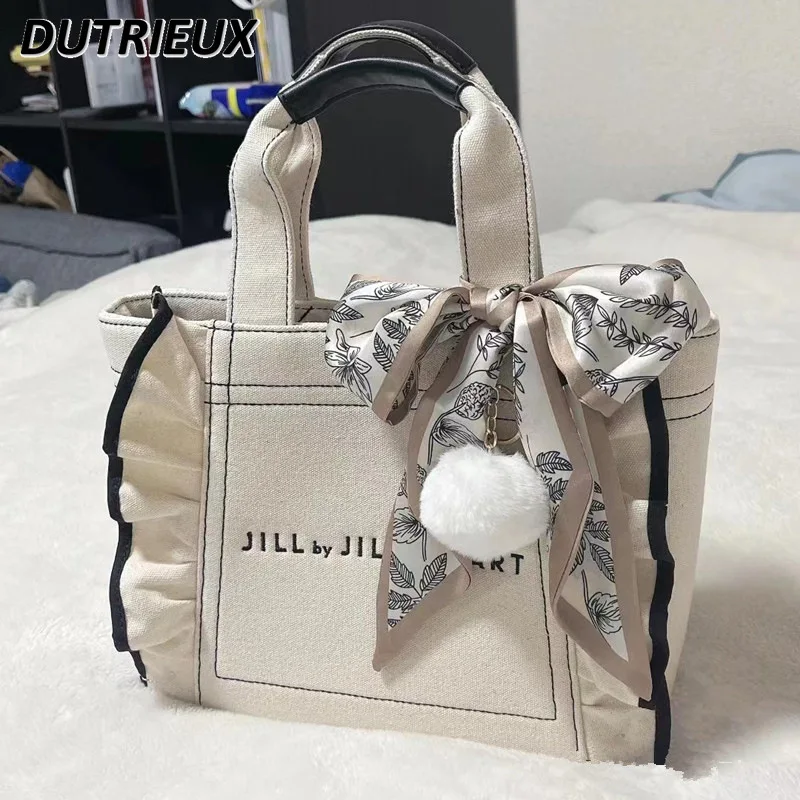 Japanese Style Ruffles Canvas Bag New Large Capacity Mummy Bags Girls Commuter Portable Messenger Bag All-Matching Handbags