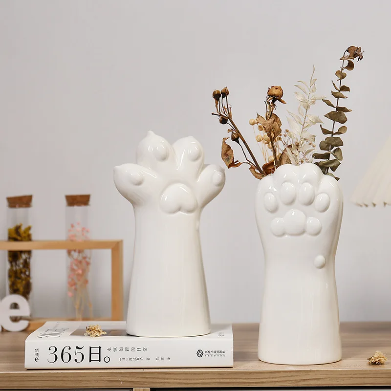 1Pcs Cute Cat Hand Shaped Vase Ceramic Vase Home Decoration Ornament Living Room Flower Arrangement Hydroponic Vase