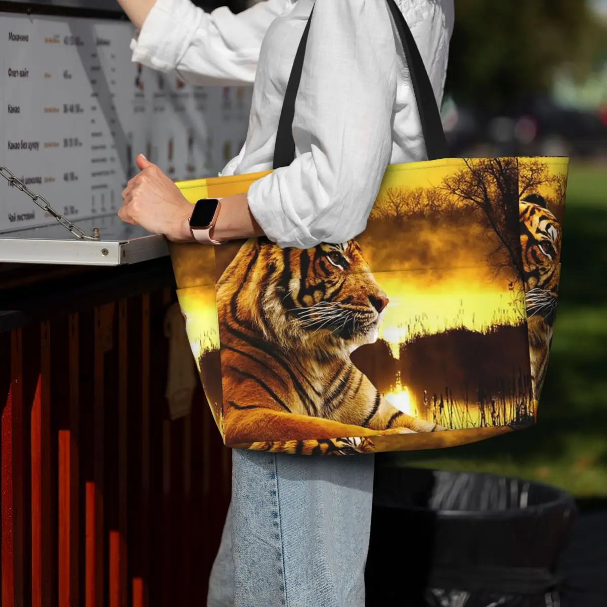 Tiger And Sunset Beach Tote Bag Sport Gym Yoga Duffle Large Tote Bag Women Travel Bag Fitness bag