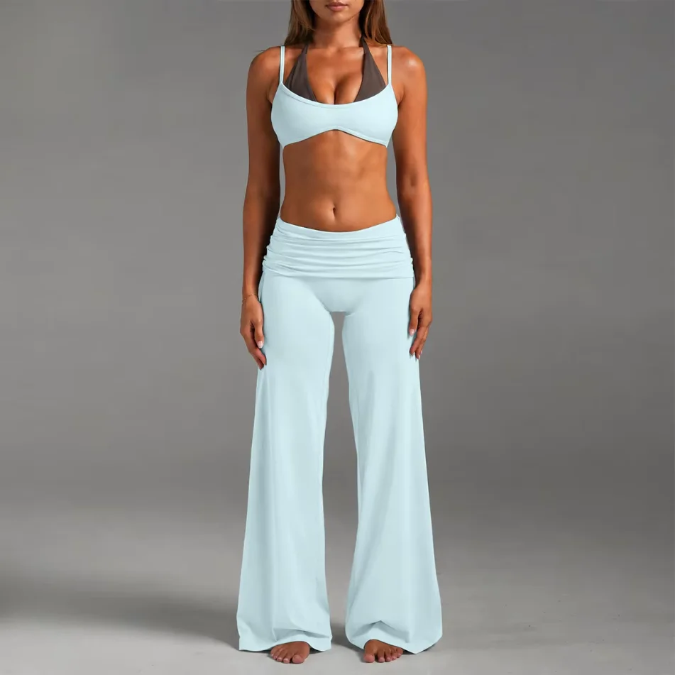 High Waist Wide Leg Pants Women Fold Over Waist Loose Straight Leg Yoga Pants Tummy Control Workout Gym Lounge Trousers