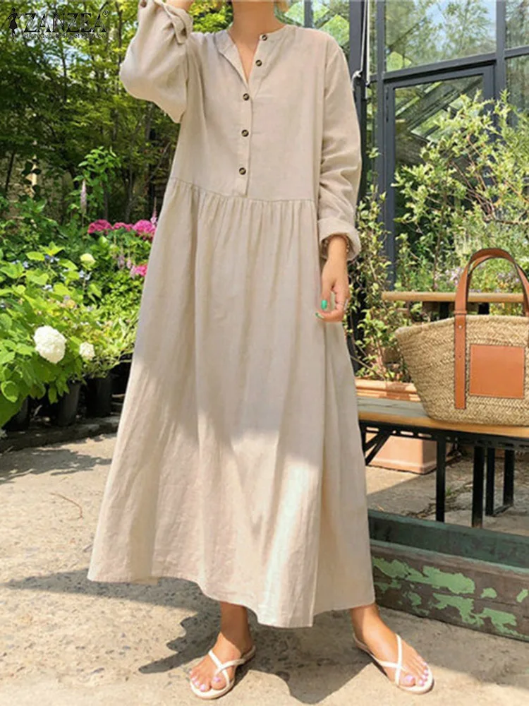 Women's Elegant Solid Cotton Robe Femme 2022 Spring Autumn Bohemian Maxi Dress ZANZEA Casual Long Sleeve Shirt Dresses Oversized