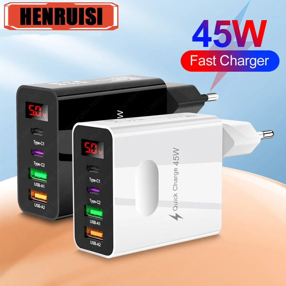 USB PD Charger 45W 4Ports Fast Charging Digital Display Mobile Phone Power Adapter For iPhone Xiaomi Samsung Huawei Wall Charger