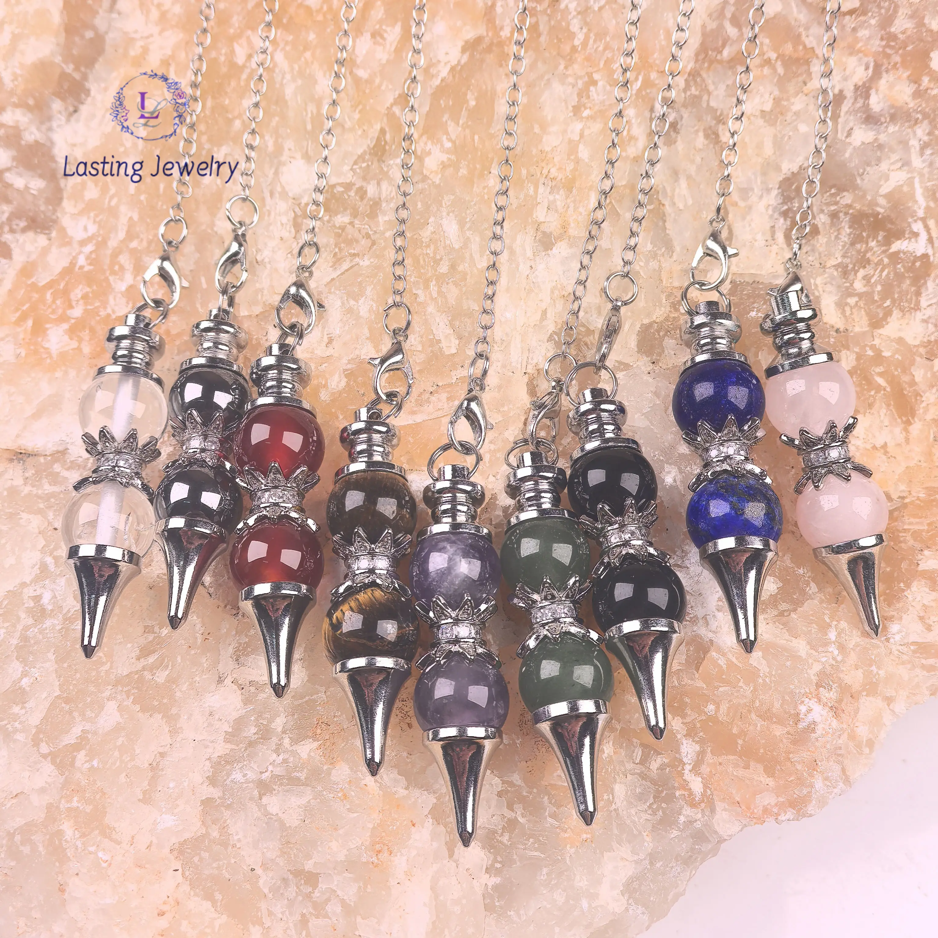 

Natural Amethyst Lapis Pendulum For Dowsing Divination Obsidian Quartz Round Beads Crystal Ball Cone Pendants Pendulos Jewelry
