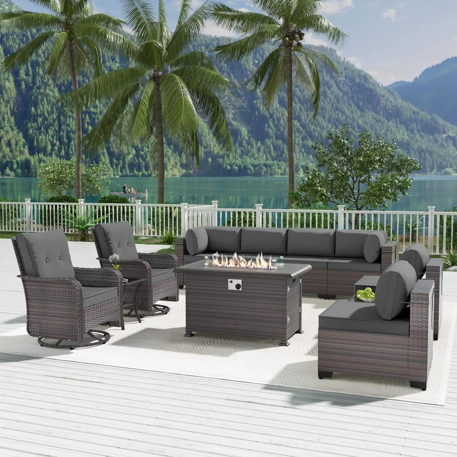 11 PC Outdoor Patio Furniture Set with Swivel Rocking Chairs&55,000 BTU Gas Fire Pit Table w/Glass Wind Guard Patio Sofa Set