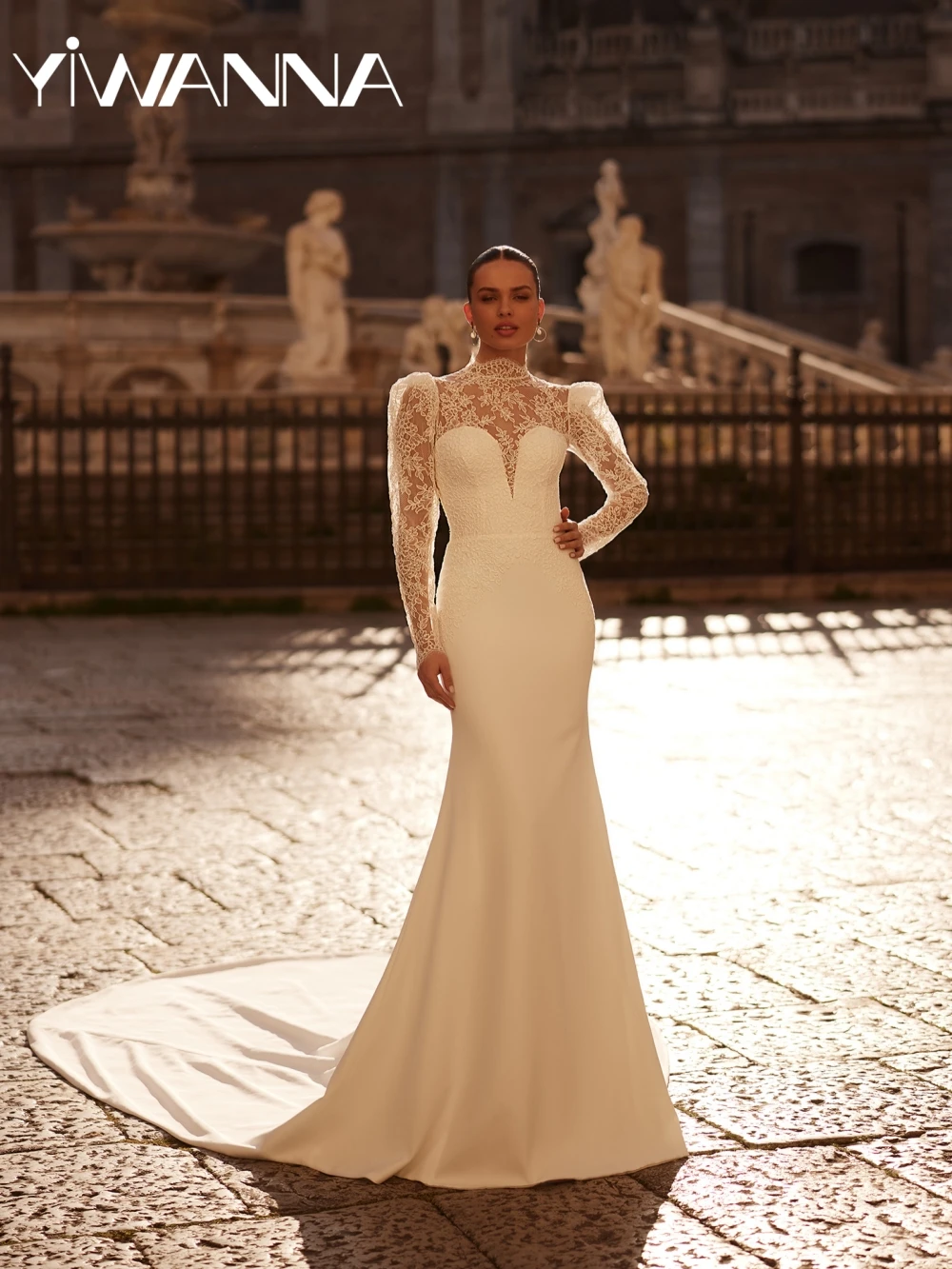 

New Ivory Lace Satin Mermaid Wedding Dress Modest High Collar Long Sleeve Bridal Gown Customized Graceful Dresses For Bride