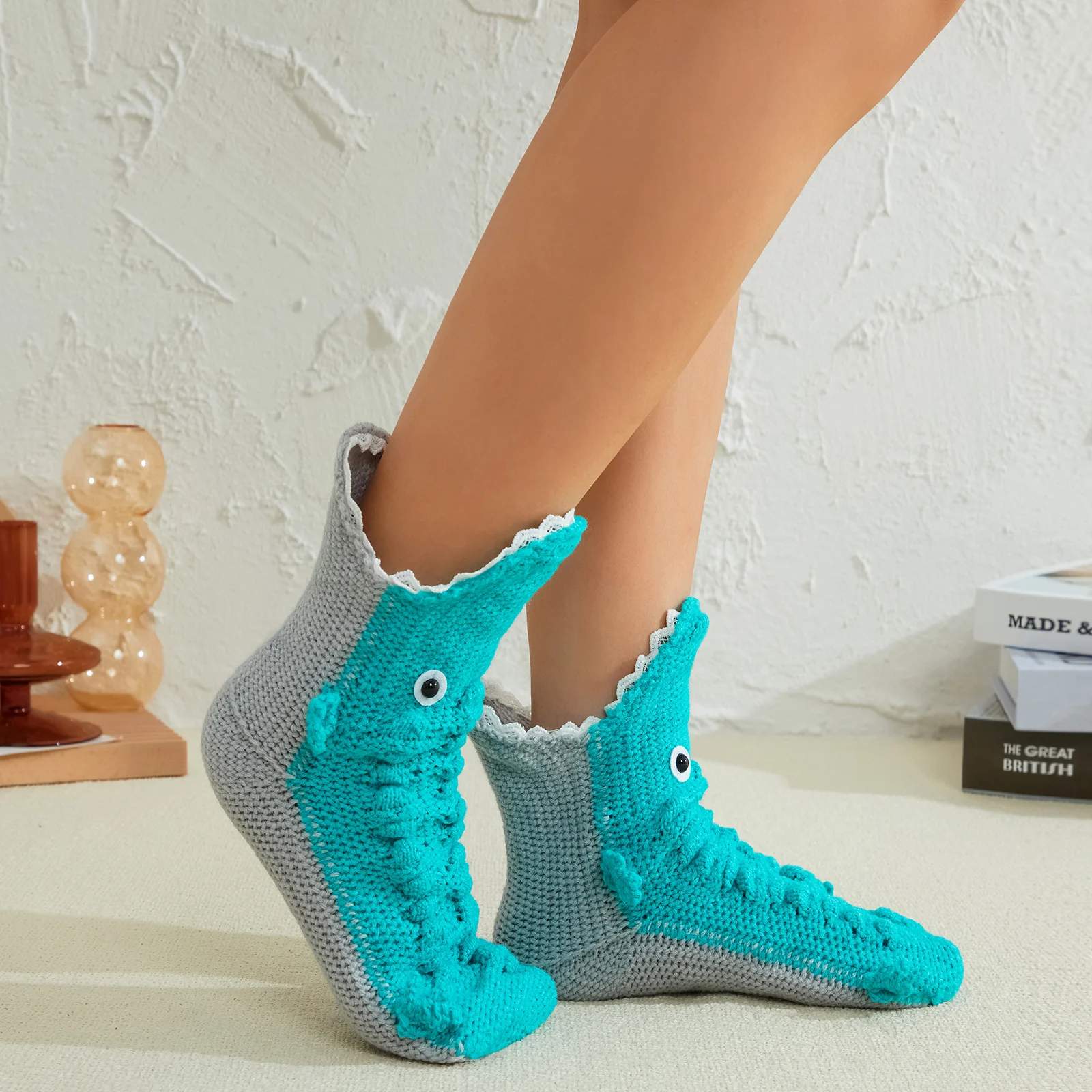 Calcetines de ganchillo de punto a mano para mujer, cálidos, 3D, boca ancha de animales, accesorios de ropa, Invierno