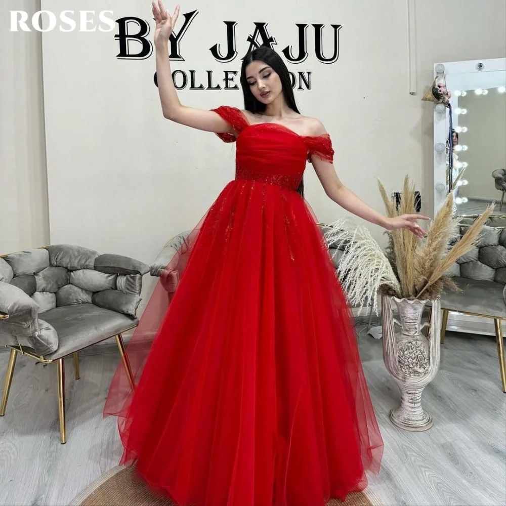 ROSES Red Elegant Prom Dress Tulle Off the Shoulder Backless Evening Dress Shiny Sequins Formal Gown for Woman 프롬 드레스 Customized