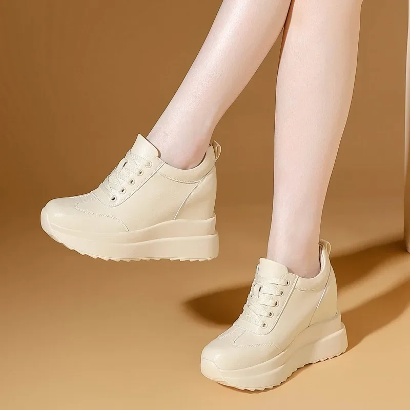 10CM Air Mesh Platform Wedge Chunky Shoes Genuine Leather hidden heels Women Summer Spring Autumn Walking Sneakers Fashion