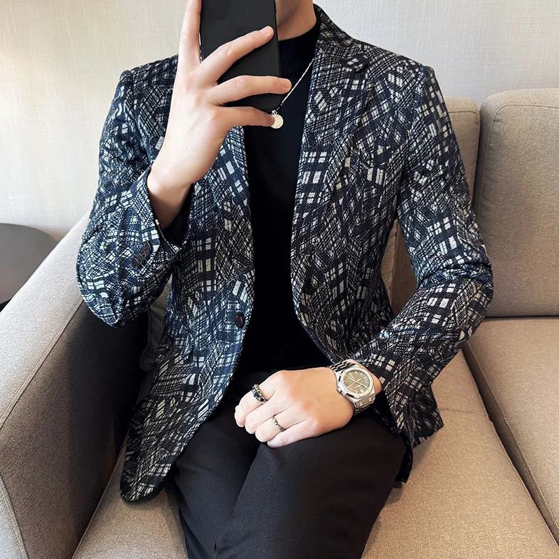 Men\'s Formal High-quality Plaid Suit Jacket 2024 Autumn New Slim Fit Business Wedding Social Dress Jacket Blazer Size 4XL-M