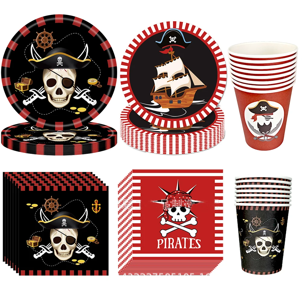 Pirata festa placa de papel copo guardanapo festa talheres pirata decoração festa navio pirata osso louça suprimentos para adultos crianças decoração