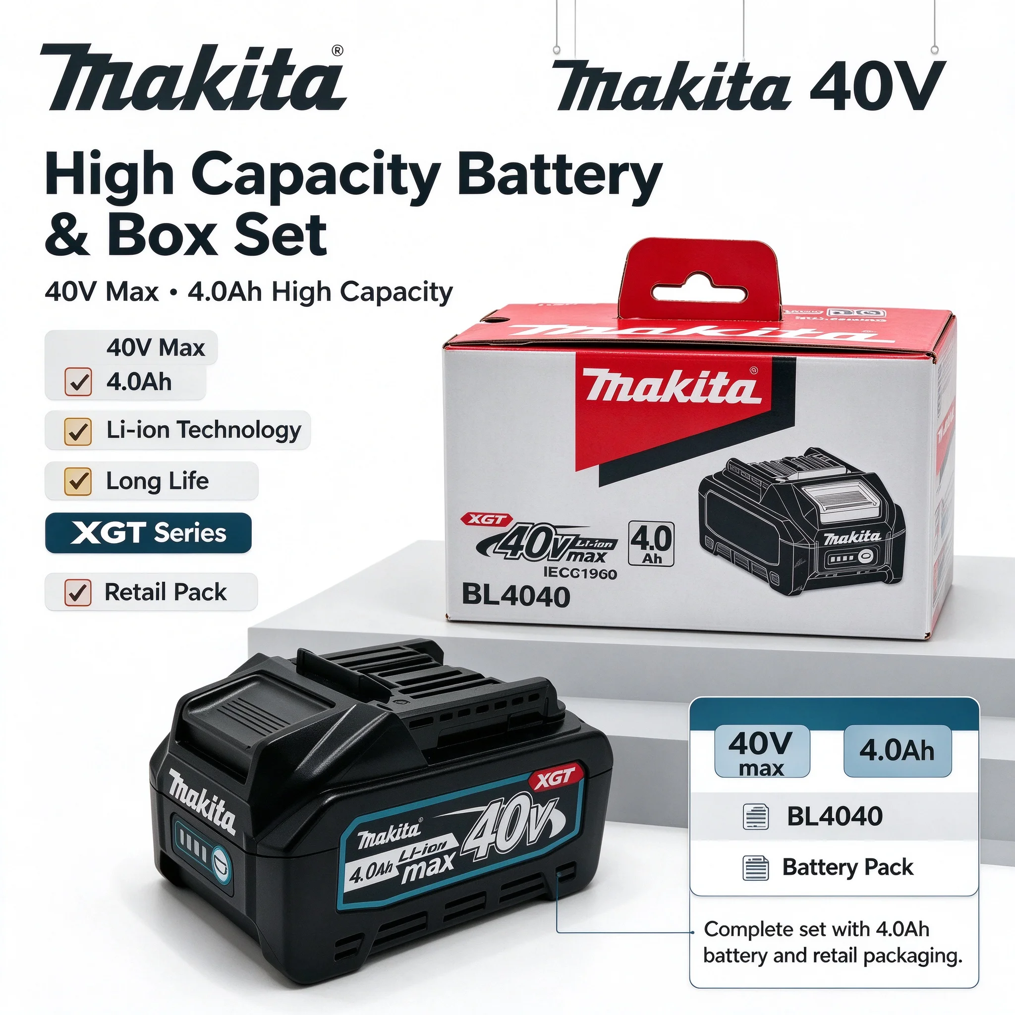 Makita BL4040 40V 4.0Ah Original Li-ion Battery 21700 Cell Low Self Discharge Feature Fit for Makita 40V Cordless Power Tools