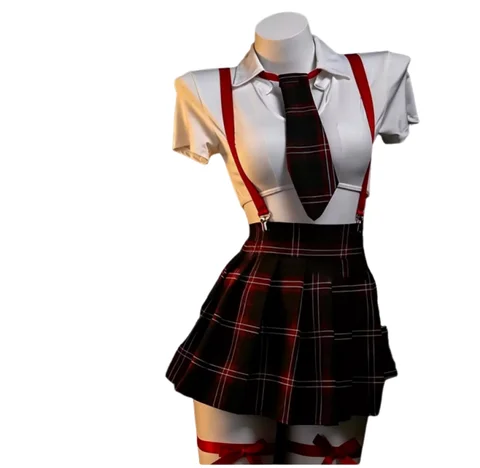 Sexy JK Schoolgirl Uniform Set Red Plaid Pleated Mini Skirt Suspenders Top Lingerie Cosplay Adult Role Play Costume for Women