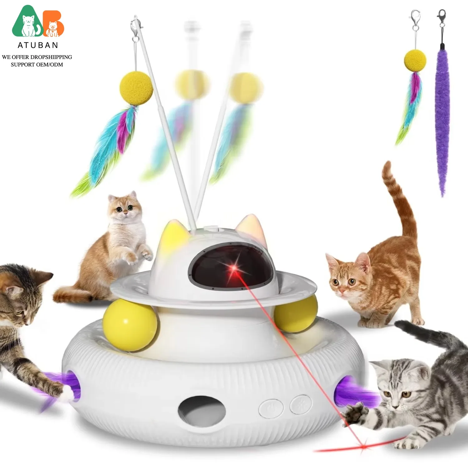 

ATUBAN 4 in 1 Interactive Cat Toys with USB Rechargeable Smart Cat Teaser Stick Feather Wand for Indoor Cat Toys Ball Pet Toy
