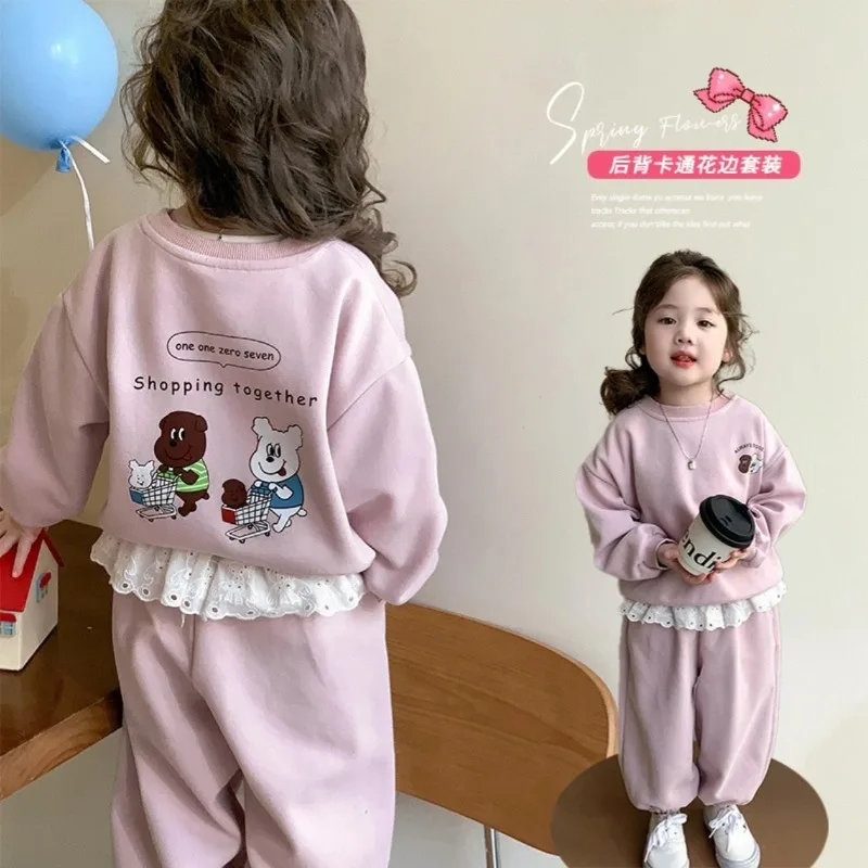 

Pink Girls' Cartoon Sportswear Set Thiened Sweatirt Pants Casual Autumn Winter Children's Clothing Cotton Blend Warmth