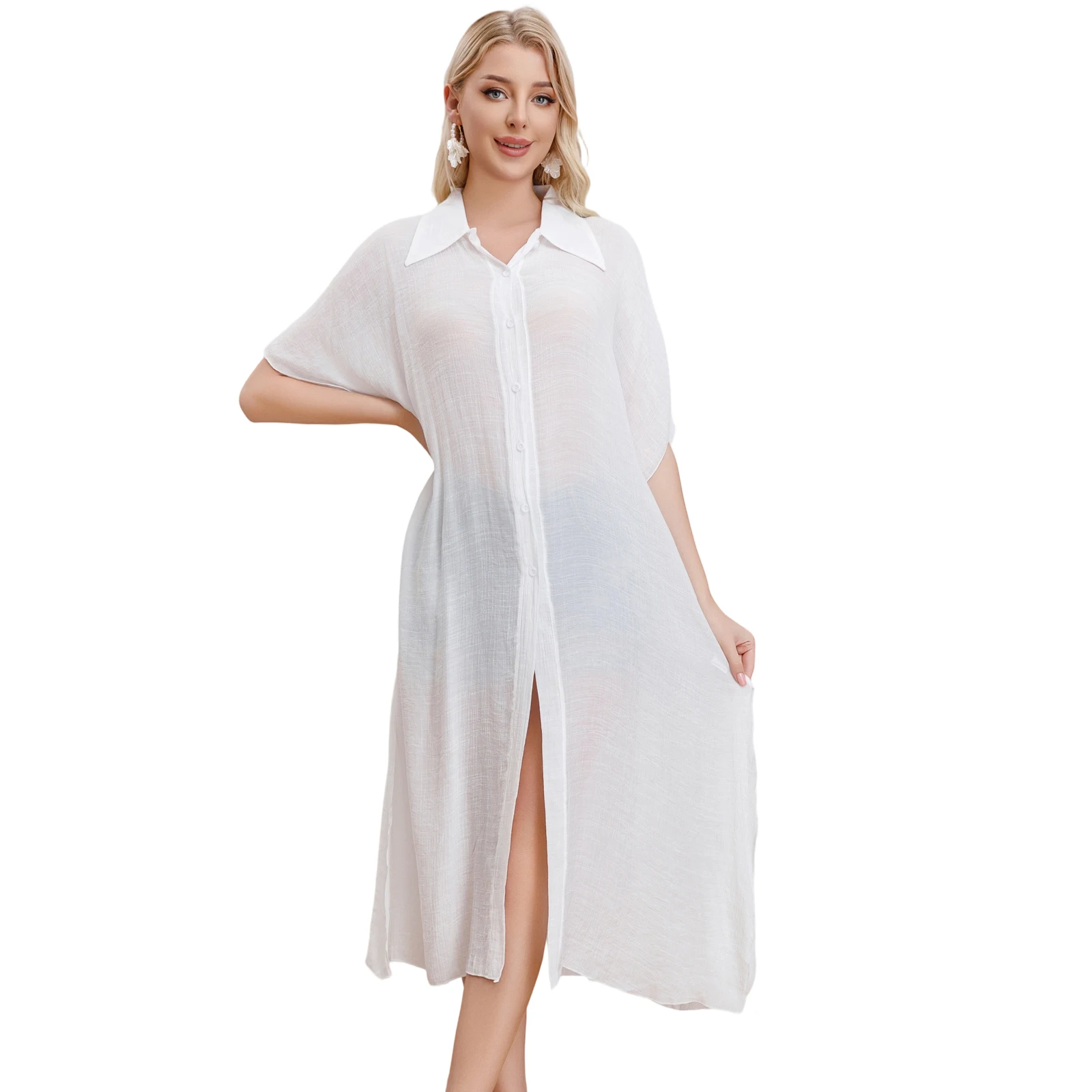 

Women's Long Maxi Cover Ups Shirt Blouse Summer Beach Bikini Swim Cover-up Dress Button Collar Split Beachwear Sundress 4 Color