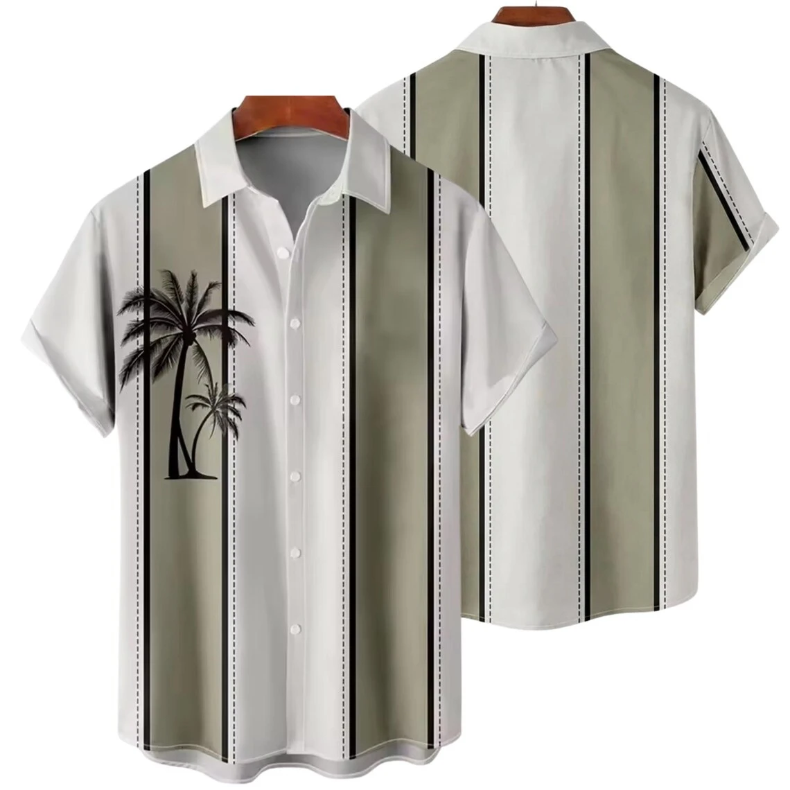 

Vintage Palm Tree And Guitar Print Shirt Men's Casual Retro Stripe Short Sleeve Shirt 2026 Summer Street Men Women Casual Camisa