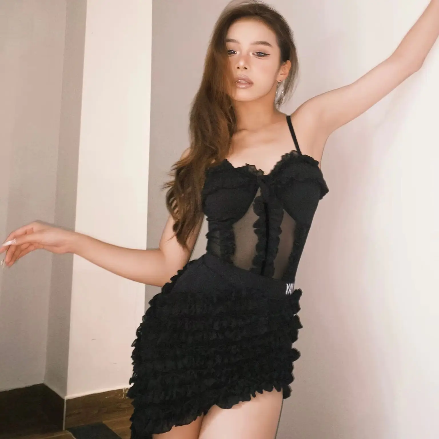 New Sexy Latin Dance Dress Performance Practice Costumes Women Mesh Strap Top Irregular Skirt Split Suit Samba Clothes DN23406