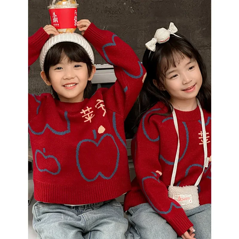 Father Mother and Son Daughter Warm Red Knit Sweater for The Whole Family Clothes New Year Winter Parents and Children Jumpsuit