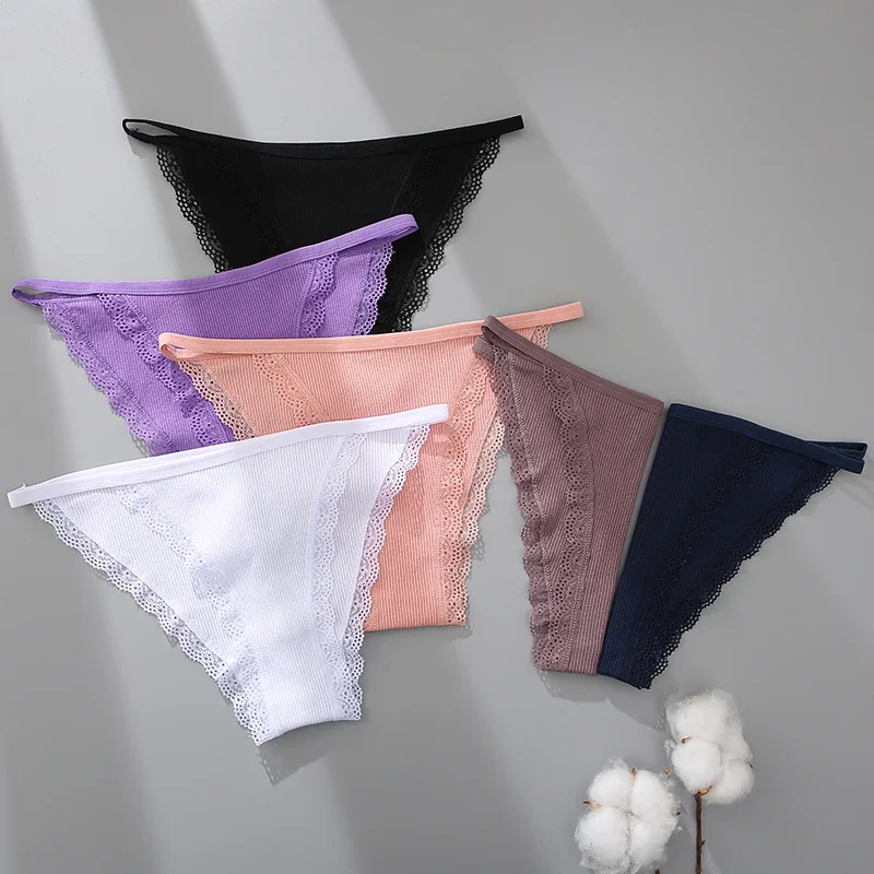 FINETOO 3Pcs/Set Sexy Lace Cotton Briefs Women Solid Comfortable Panties Female Soft Underwear Breathable Intimates Lingerie