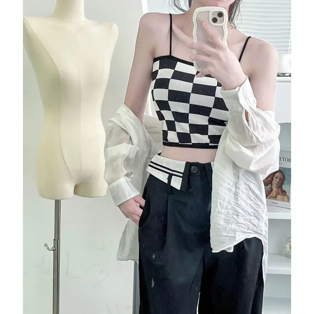 Seksowna Crop Top bez rękawów z podkładkami w kratę damskie letnie damskie Y2K topy szachownica siatka dopasowana kamizelka Spaghetti Strap