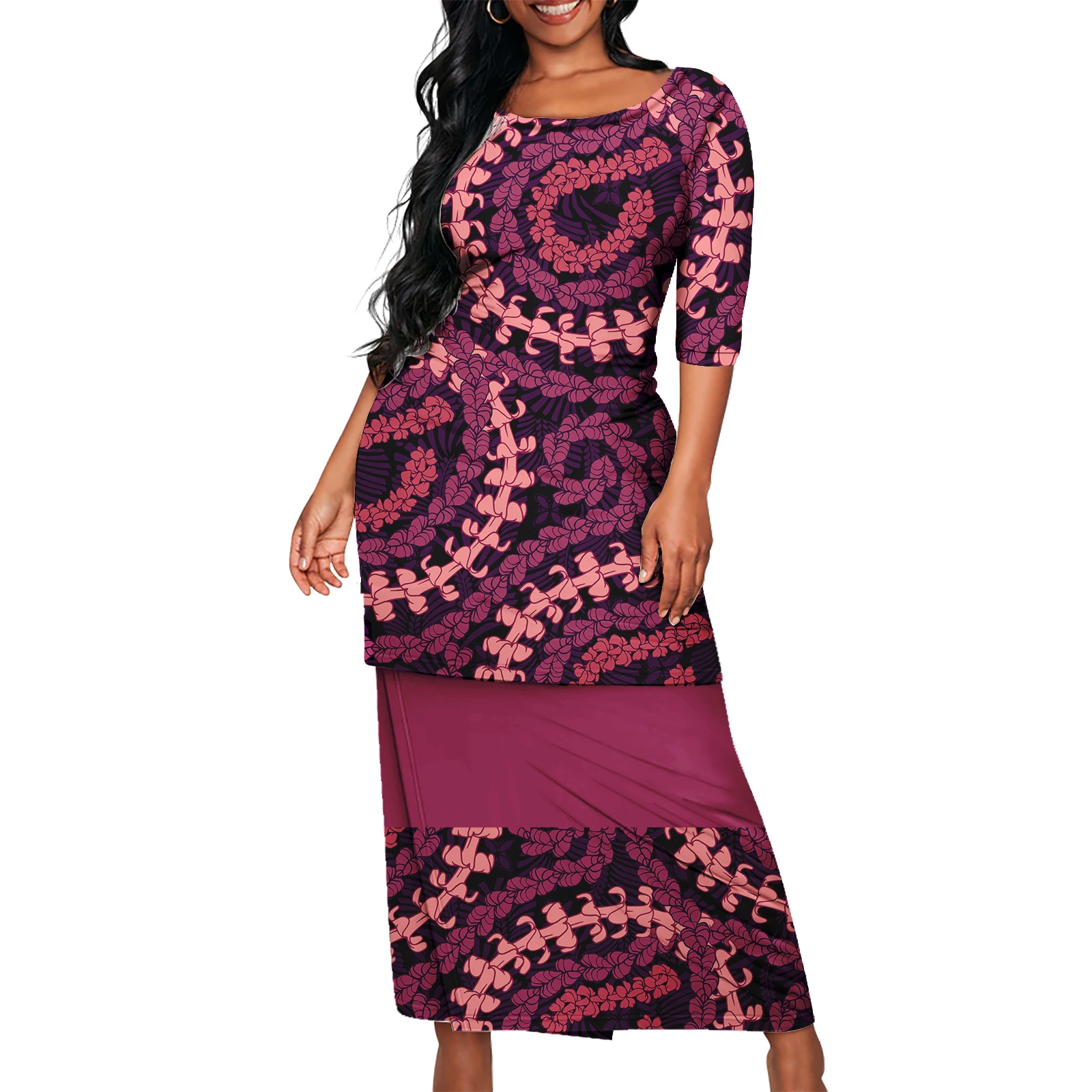 Samoan Puletasi Crewneck Casual Island Maxi Dress 2pcs Polynesian Tribal Dress  Plus Size island clothes