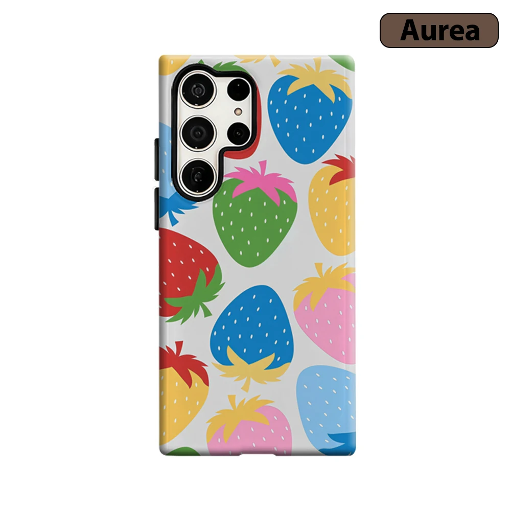 Colorful Strawberry Whimsy Phone Case for Samsung Galaxy S25 Ultra S24 S23 Ultra Plus Shockproof Double Layer Tough Back Cover