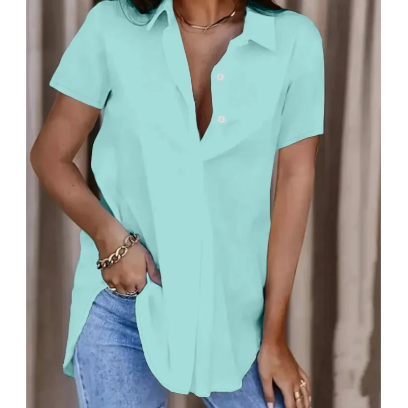 

Fashionable And Minimalist Solid Color V-neck Temperament Women's Casual Shirt 2024 Summer Versatile Daily Office Women's Shirt