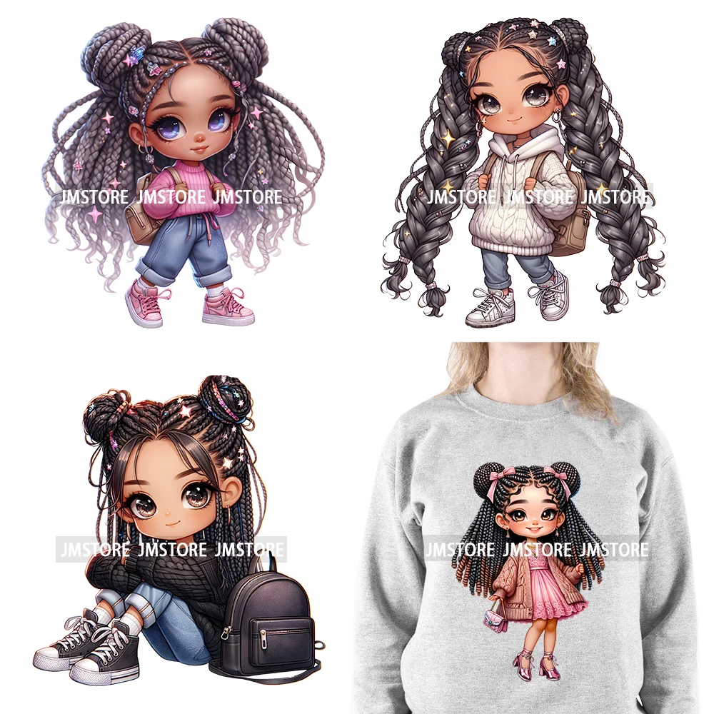 Washable Fashion Dreadlocks Cozy Casual School Chibi Girls Designs Iron On Heat Press DTF Transfer Stickers For Clothing Bags