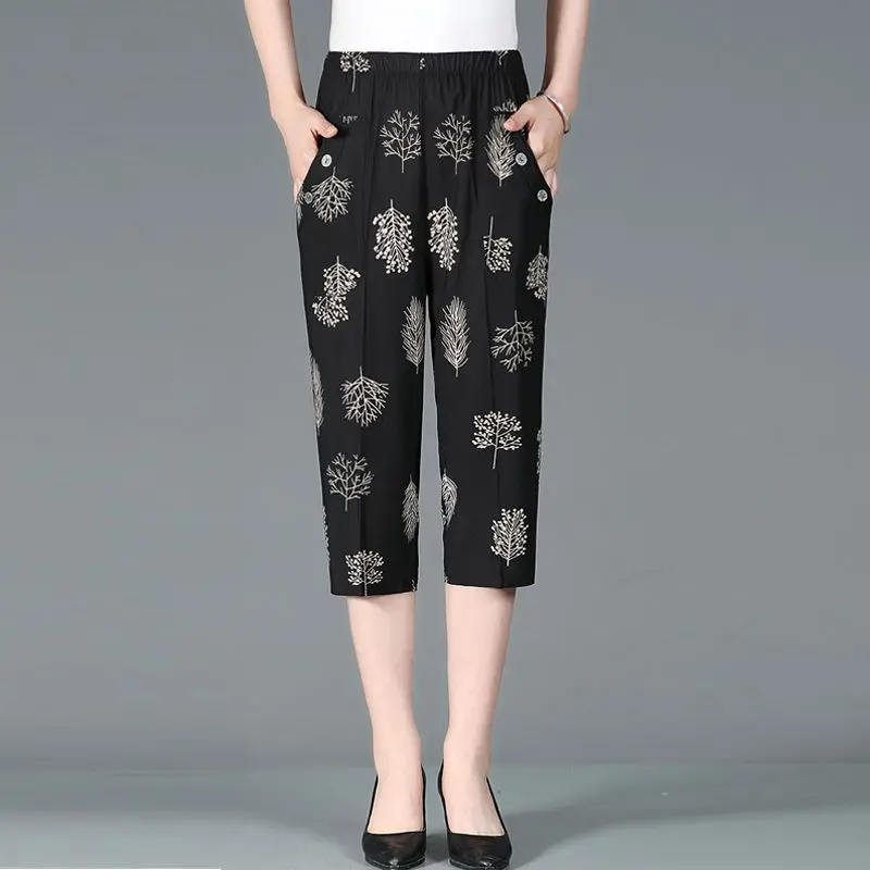 Summer New High Waist Capri Pants Elastic Casual Loose Straight Female Clothing Fashion Pockets Patchwork Vintage Printed Pants