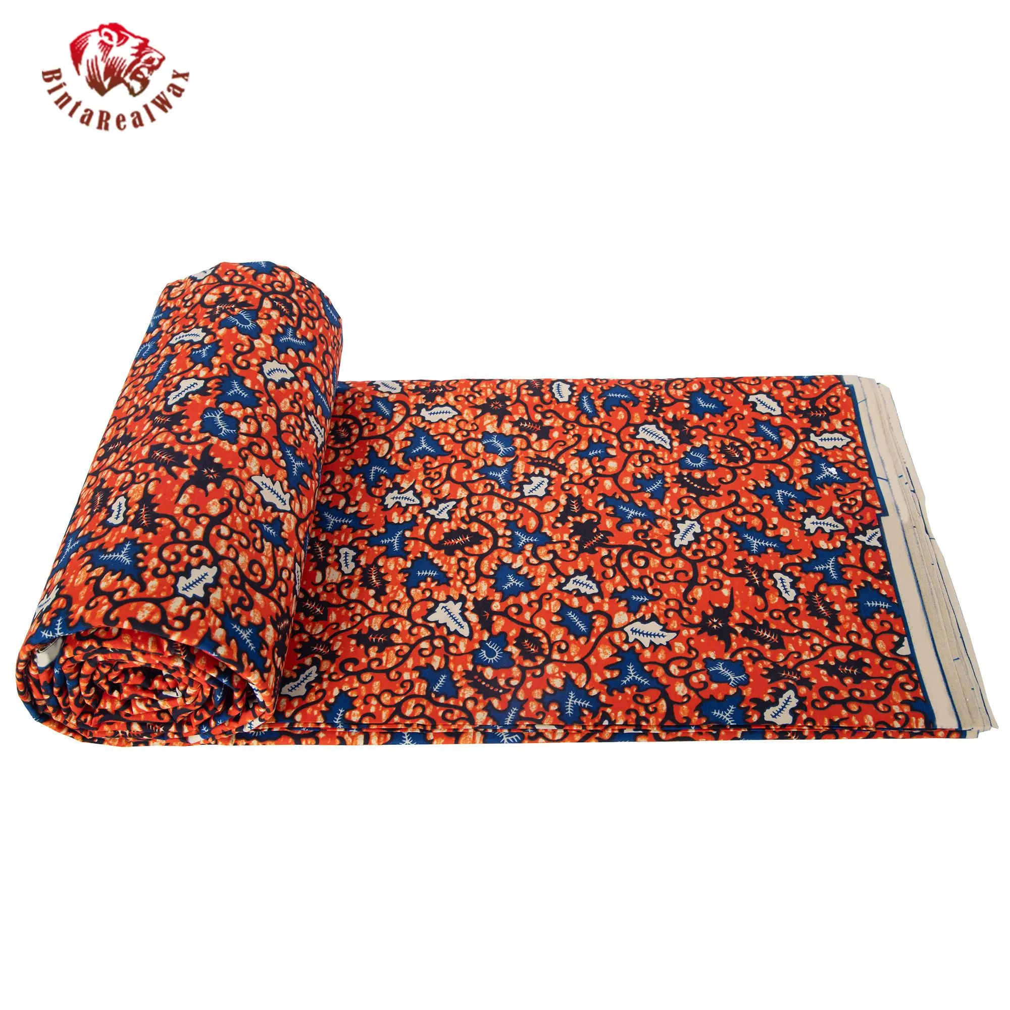 African Wax Print Fabric, Orange Blue White Floral Batik Pattern, 100% Cotton Dutch Wax Ankara Fabric for Dress Skirt 24FS1628 view 4