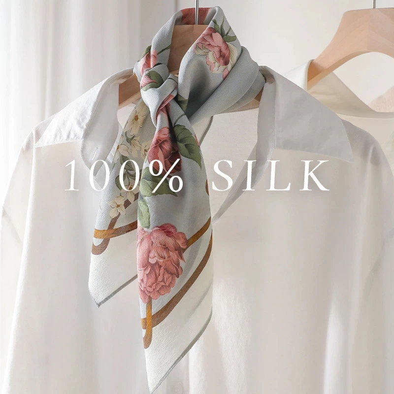 2026 Korean fashion floral blue neck scarf women chic elegant 100% silk square scarf neckerchief beach summer accessories