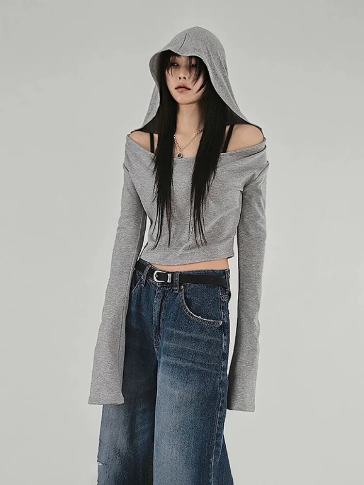 Y2k Aesthetic Hooded Tshirts Women Long Sleeve Crop Top Slim Fit Off Shoulder Tees Casual Streetwear Grunge T Shirt 2024 Sexy