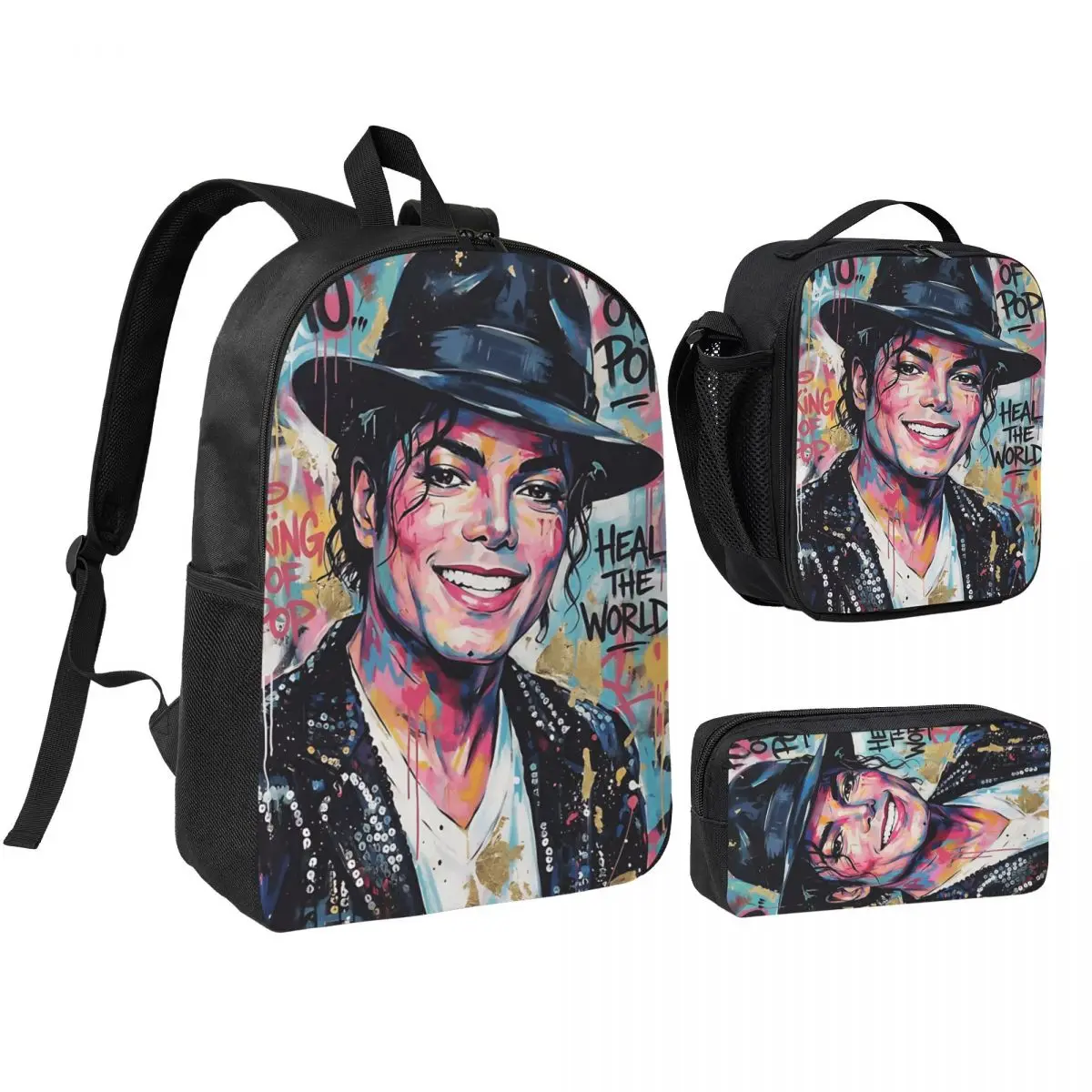 MJ Heal The World Music 3pecs/set Backpack for Boys Girls College Shoulder Bag Lunch bag Pencil Case