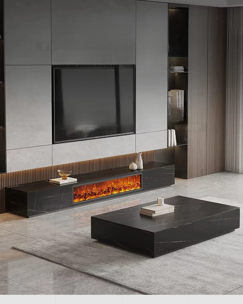 

TV cabinet embedded simulation flame furnace core can be customized decorative cabinet Nordic medieval fireplace rock slab