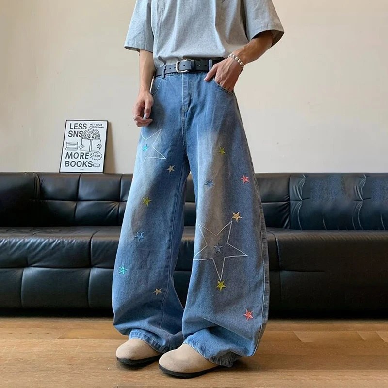 WTHT موضة الرجال التطريز التدرج فضفاض الدنيم السراويل العصرية عادية عالية الخصر واسعة الساق الجينز الذكور 2025 الصيف 2A1226 #2