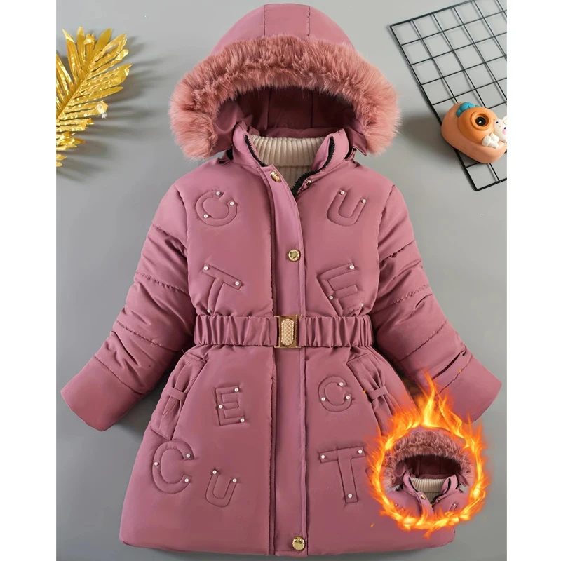 

Длинная зимняя куртка для девочек-подростков, новая зимняя хлопковая верхняя одежда с буквенным принтом и жемчугом на подкладке, плюшевая толстая теплая парка с капюшоном для детей от 6 до 12 лет