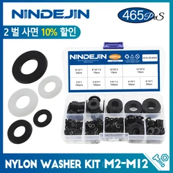 NINDEJIN 465pcs Black White Nylon Washers Assortment Kit M2 M2.5 M3 M4 M5 M6 M8 M10 M12 M14 M16 Plastic Plain Flat Washer Set