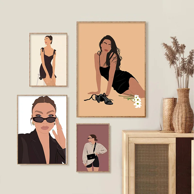 

Lady Art Cartoon Painting Poster Sunglasses Dress Temperament Canvas Painting Living Room Bedroom Wall Painting Home Decoration