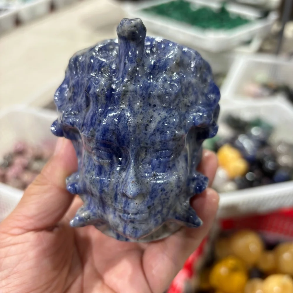 Natural Sodalite Medusa Head Carving Crystal Goddess Statue Gemstone Sculpture Healing Stone Home Decor Gift