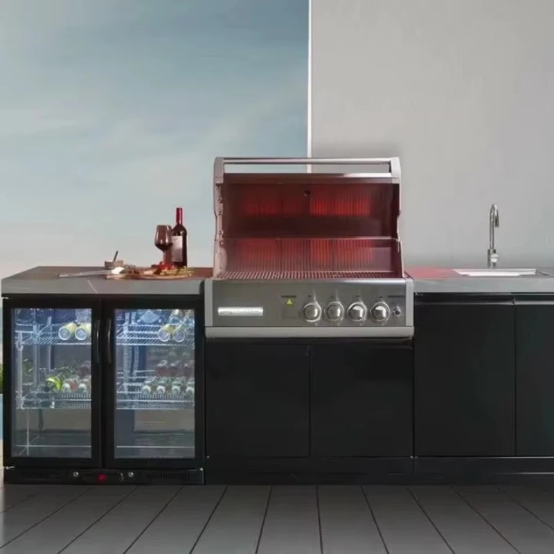 

Изготовленный на заказ черный уличный барбекю из нержавеющей стали, остров барбекю, современный роскошный корейский садовый кухонный холодильник
