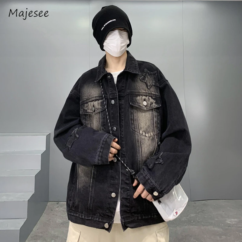 

Patchwork Denim Jackets Men Loose Autumn Korean Style Youthful Vitality Hipster Asymmetrical Minimalist Daily Bleached Vintage