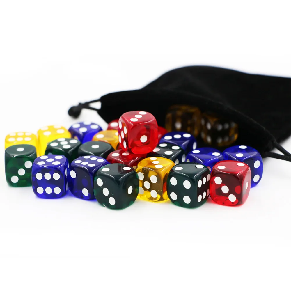 With bag Acrylic Dice 24Pcs Transparent Color 16mm White Point Dice Set Round Corner Four Color Hexahedron Table Games D6 Club