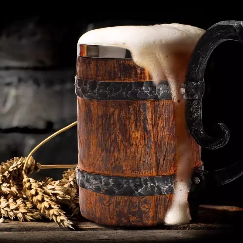 600ml Viking Wood Style Beer Mug Christmas Gift Simulation Wooden Barrel Cup Double Wall Drinking Mug Metal Insulate Bar Kit