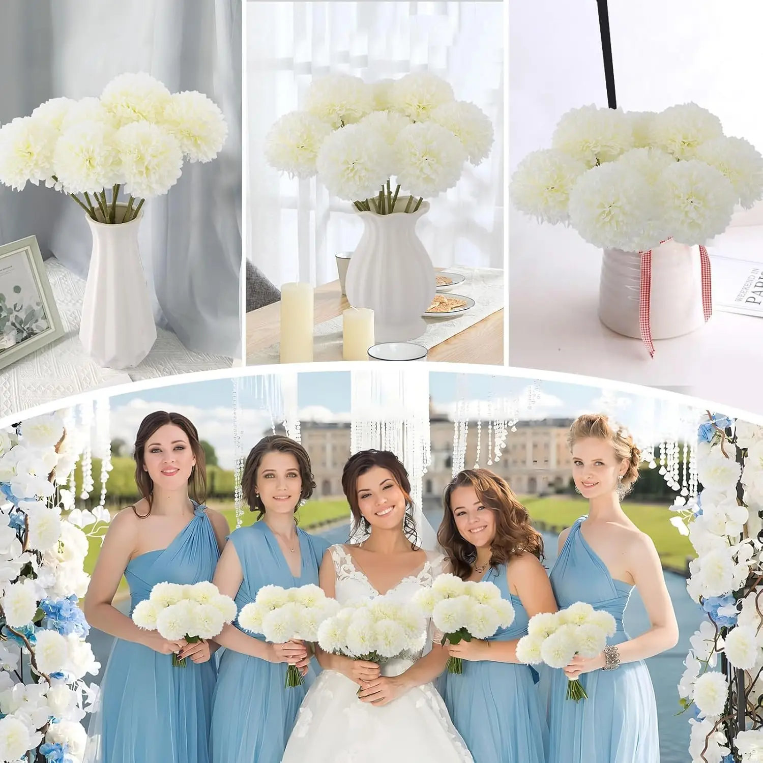 10 Stück weiße künstliche Blumen, Seidenkugel, Chrysanthemen, Brautstrauß, Zuhause, Küche, Party, DIY-Dekorationen, Hochzeitsdekoration – Detail 4