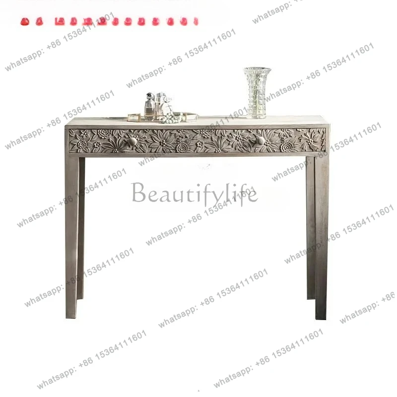 Solid Wood Hallway Table Wall-Mounted Corridor Carved Entry Door Decorative Retro Console